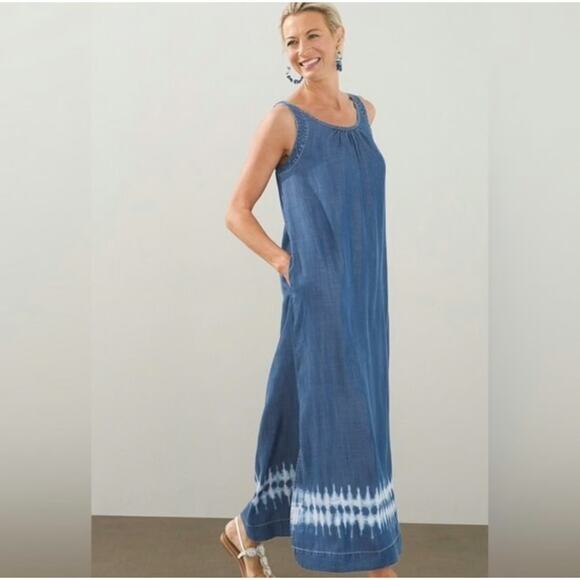 Chico's Chambray Blue Tencel Maxi Long Tank Dress Tie Dye Hem Pockets Sz M (2) - Picture 2 of 13